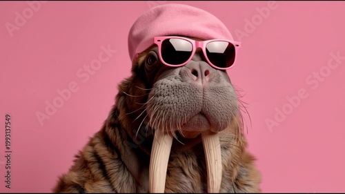 Walrus wearing pink sunglasses and a matching beret poses against a pink background, showcasing its unique style and playful demeanor in a vibrant setting
