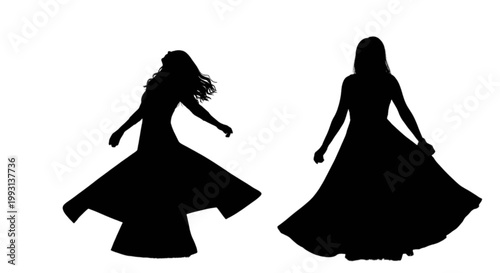 Two elegant silhouettes in flowing gowns captured mid-motion isolated on transparent background, Vector