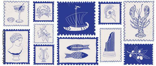 Hand drawn Greek summer vacation postal stamps set. Greece coastal sea life, architecture, column, sculpture, lobster, lemon. Retro border design with Greek for invitations, cards, placard or poster