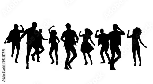 Fotografie A diverse group of silhouetted people dancing together in celebration isolated o