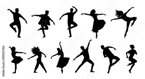 Graceful silhouettes of ballerinas in dynamic dance poses isolated on transparent background, Vector