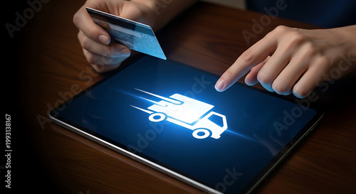 A person making an online purchase with a credit card on a digital tablet with a delivery truck icon on the screen