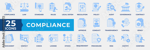 Compliance Icon Set Collection. Containing  law, standard, rules, legal system, regulation, policy, audit, governance, contract, approve and more. Simple Blue Vector Illustration.