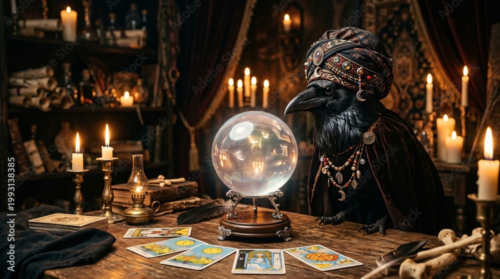 Fototapeta premium Mystical Raven Fortune Teller in Ornate Turban and Velvet Cloak Gazing into Glowing Crystal Ball with Tarot Cards