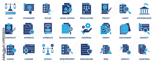 Compliance icon collection set. with icon justice, law, audit, policy, regulation, contract, ethics, certify, document,  approve and more. Solid blue style vector illustration. 