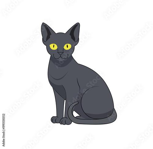 Billede på lærred Cartoon black cat with yellow eyes sitting, vector illustration of a feline pet