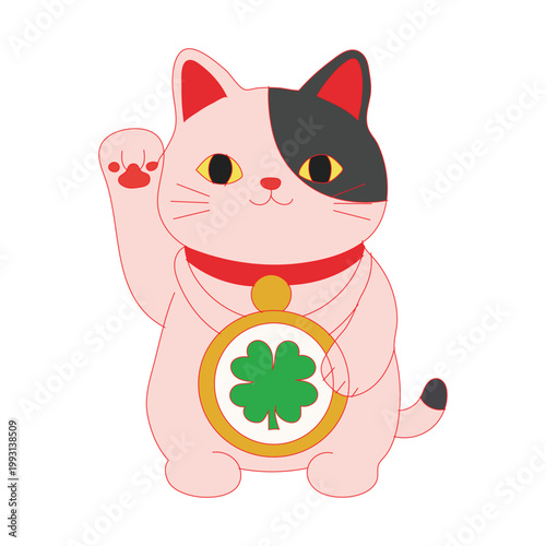 Cute pink lucky cat with black ear patch holding a four leaf clover charm, maneki neko vector illustration