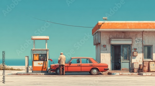 man refilling fuel tank at a quiet gas station, driver outside car, clear surroundings, realistic photography