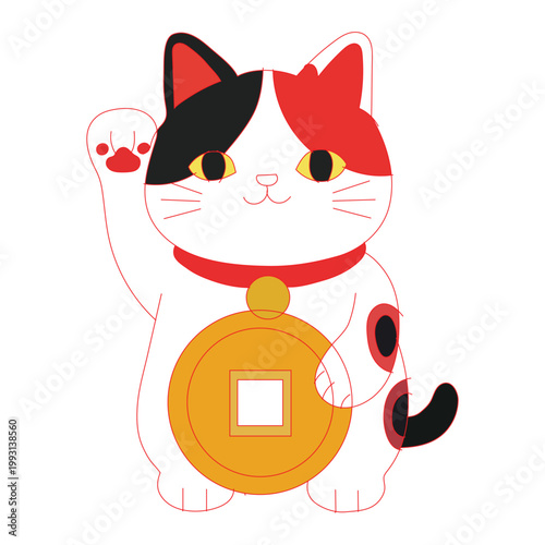 Traditional calico lucky cat holding a large gold coin, maneki neko vector illustration for good fortune