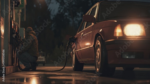 man refilling fuel tank, driver outside the car, clear space around, ultra realistic, 8k 