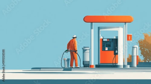 man refilling gasoline at fuel station, simple clean background, realistic lifestyle photography