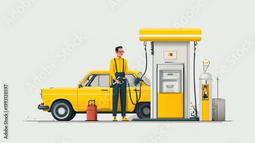 man refilling gasoline at fuel station, simple clean background, realistic lifestyle photography