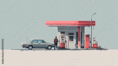 man standing next to his car while refueling, clean fuel station, everyday realistic scene