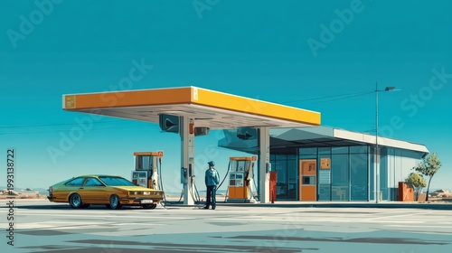 man standing next to his car while refueling, clean fuel station, everyday realistic scene