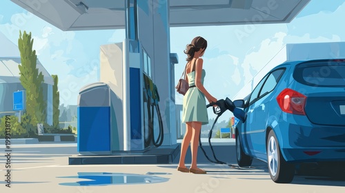 woman refueling her car at a modern gas station, driver out of the vehicle, uncluttered background, photorealistic, 8k
