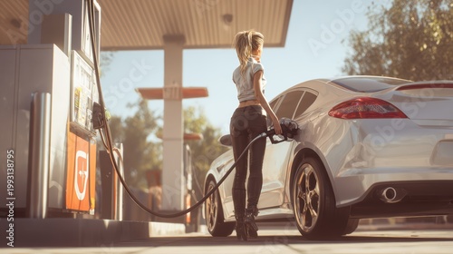 woman refueling her car at a modern gas station, driver out of the vehicle, uncluttered background, photorealistic, 8k