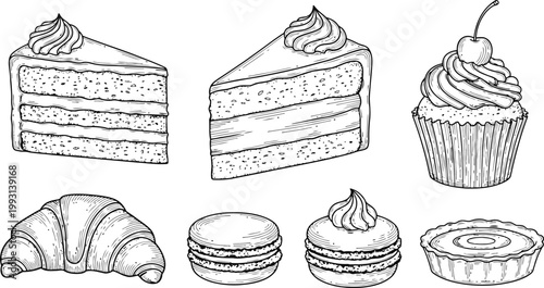 Assortment of delicious baked goods in a clean line drawing style for culinary branding