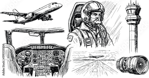 Astronaut and aircraft components drawn with ink in a vintage sketch style