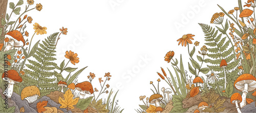 Fotografi Autumn forest floor with mushrooms and ferns in soft natural light