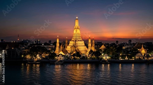 Majestic Wat Arun Temple Illuminated Against a Dramatic Twilight Sky Over the Chao Phraya River in Bangkok Thailand at Dusk Golden Hour Cityscape Reflection