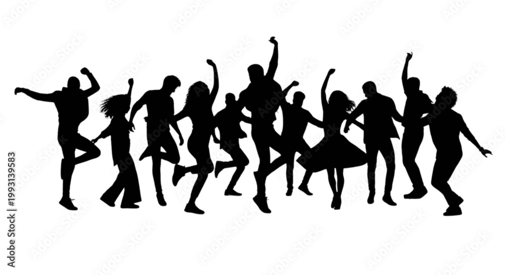 Fototapeta premium Dynamic group of silhouetted people dancing together in unison with arms raised joyfully isolated on transparent background, Vector