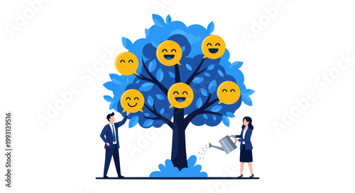 Business people nurturing a tree of happy faces.