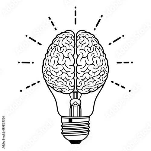 A creative illustration of a brain inside a glowing light bulb with rays.
