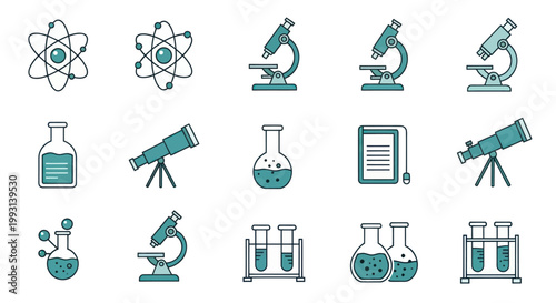 Minimalist science laboratory icons and research equipment collection