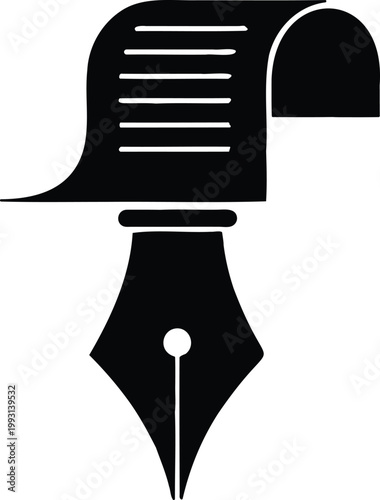 Black pen nib with rolled up paper sheet icon symbol