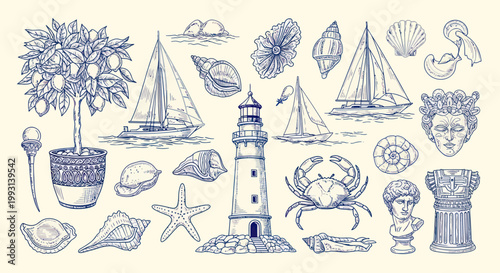 Collection of Mediterranean and nautical hand-drawn sketches on beige background