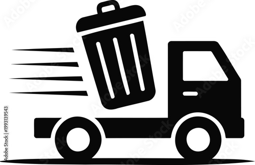 Black silhouette of a garbage truck with trash can moving fast  waste management vehicle
