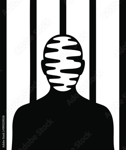 Black silhouette of a person behind prison bars with a bound head