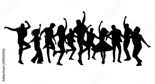 Dynamic group of silhouetted people dancing together in unison with arms raised joyfully isolated on transparent background, Vector