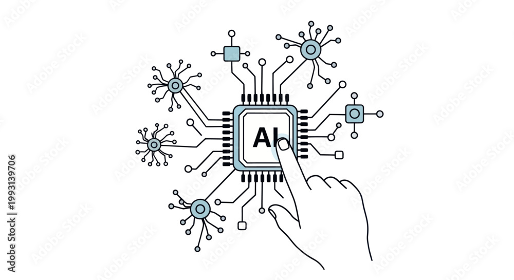 Obraz premium Human hand touching an artificial intelligence microchip with neural network connections