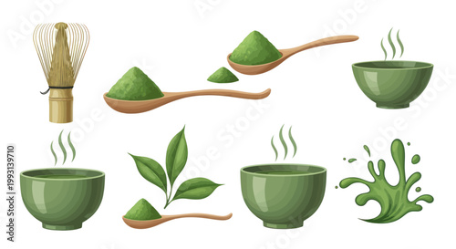 Japanese matcha tea collection with powder whisk and bowls