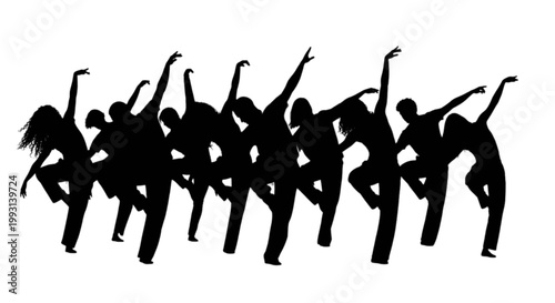 Dynamic group of dancers performing synchronized mid-air moves together energetically. isolated on transparent background, Vector