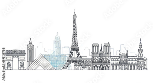 Iconic European landmarks illustrated in a skyline silhouette.