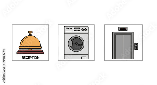 Icons for hotel services: reception, washing machine, and elevator.