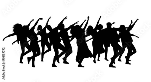 Dynamic group of silhouetted figures performing a synchronized dance routine with raised arms isolated on transparent background, Vector