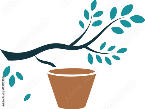 Simple illustration of a bonsai tree in a pot with falling leaves