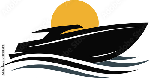 Speedboat sailing across ocean waves at sunset  fast water transportation