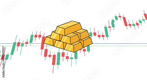 A stack of five lustrous gold bars is positioned prominently in front of a dynamic red and green candlestick chart showing stock market price changes.
