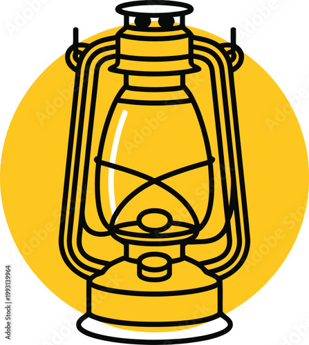 Yellow kerosene lamp with handle and glass chimney on yellow circle background