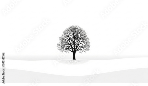 Black and white winter landscape vector with single tree silhouette in snowy field minimal design