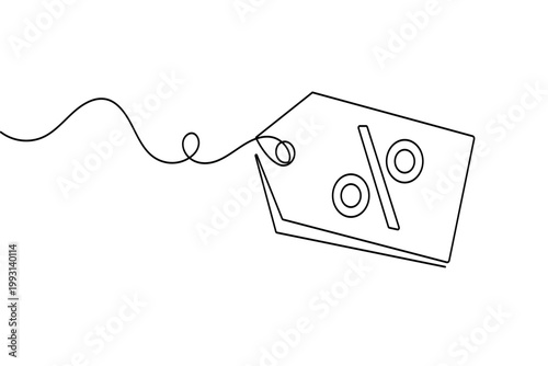 Percent icon on price tag continuous one line drawing in minimalist style with clean outline vector illustration design