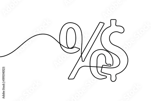 Percent icon and dollar sign continuous one line drawing in minimalist style with clean outline vector illustration design