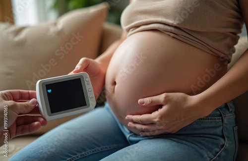 Pregnant woman holds baby heartbeat monitor near belly. Partner listens to unborn baby sound. Expecting parents check fetal pulse at home. Couple awaits new life.