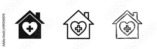 Medical Home Care Icons Set, House with Heart and Cross Symbol in Solid, Outline and Hand-Drawn Styles
