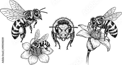 Detailed bee illustrations in different poses on a white background