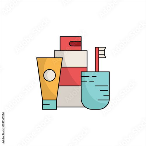 Personal hygiene travel kit flat color icon with toothbrush, toothpaste, and skincare containers for hotel amenities and bathroom essentials